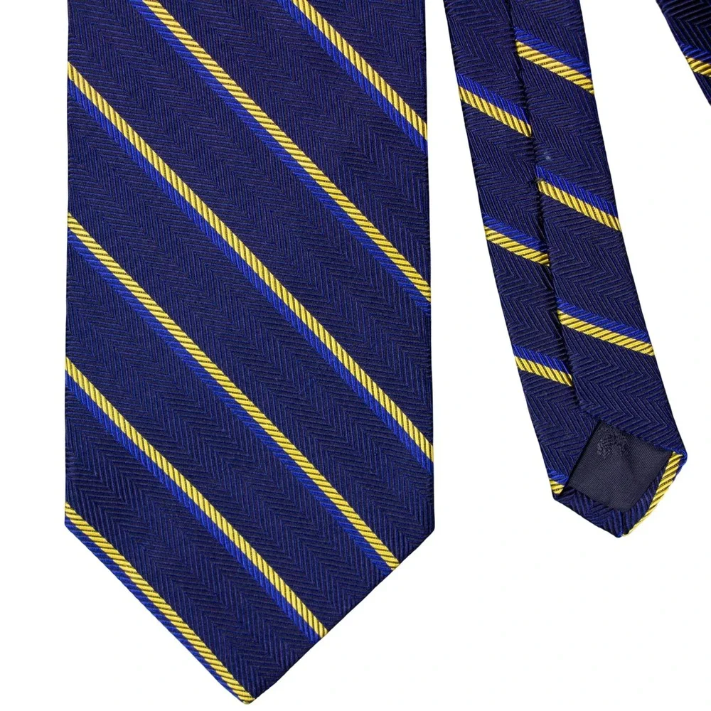 Brooks Brothers Makers Mens Silk Tie Blue Yellow Stripe Herringbone Made in‎ USA